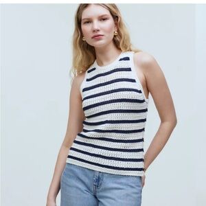 Madewell Shirt - Crochet-Knit Crewneck Sweater Tank Ivory/Navy Stripe